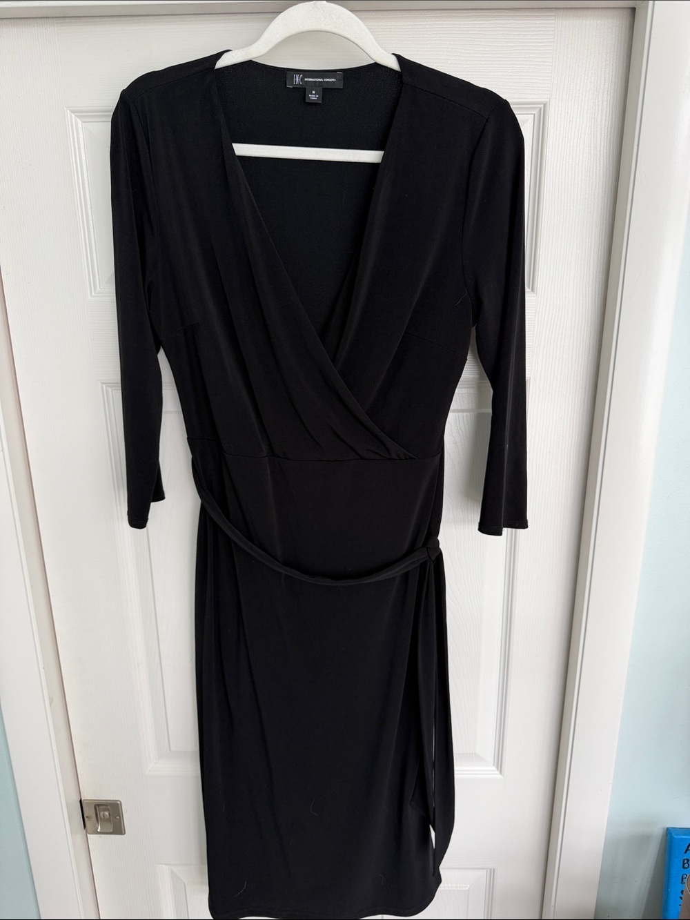 INC International Concepts Black Faux Wrap Long Sleeve Dress